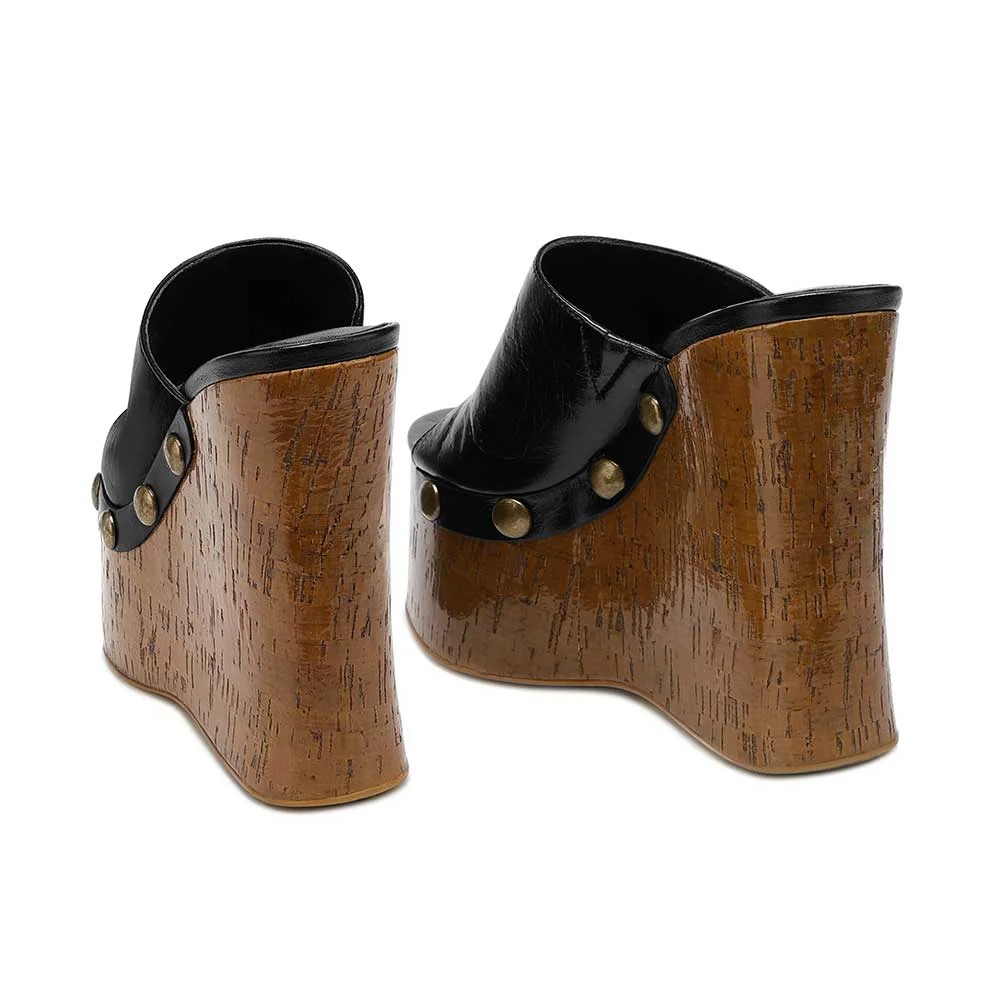 Women's Classic Black Open Toe Studded Platform Wedge Heeled Mules