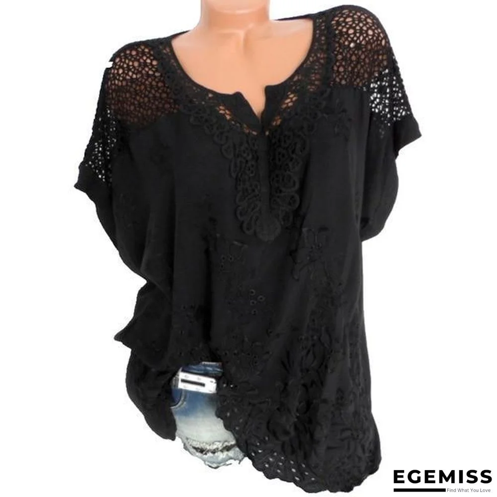 Large Size Women Short-sleeved Blouse V-neck Bat Sleeve Lace Blouse Tops | EGEMISS