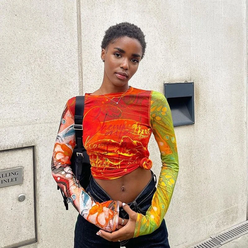 Yiallen Autumn Colorful Print Y2K Crop Tops Women Sexy Backless Long Sleeve T-Shirts Hipster Skinny Hip Hop Tees Streetwear Hot