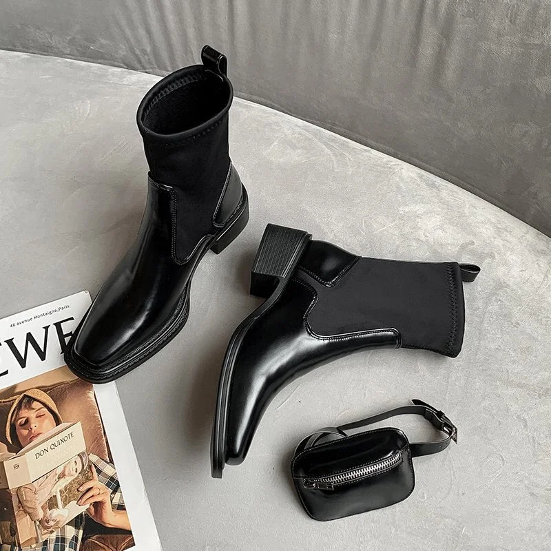 Elegant High Heel Women Fashion Pocket Boots Office Elite Slip-on Ladies Ankle Boots Leisure PU Black Square Head Women Shoes