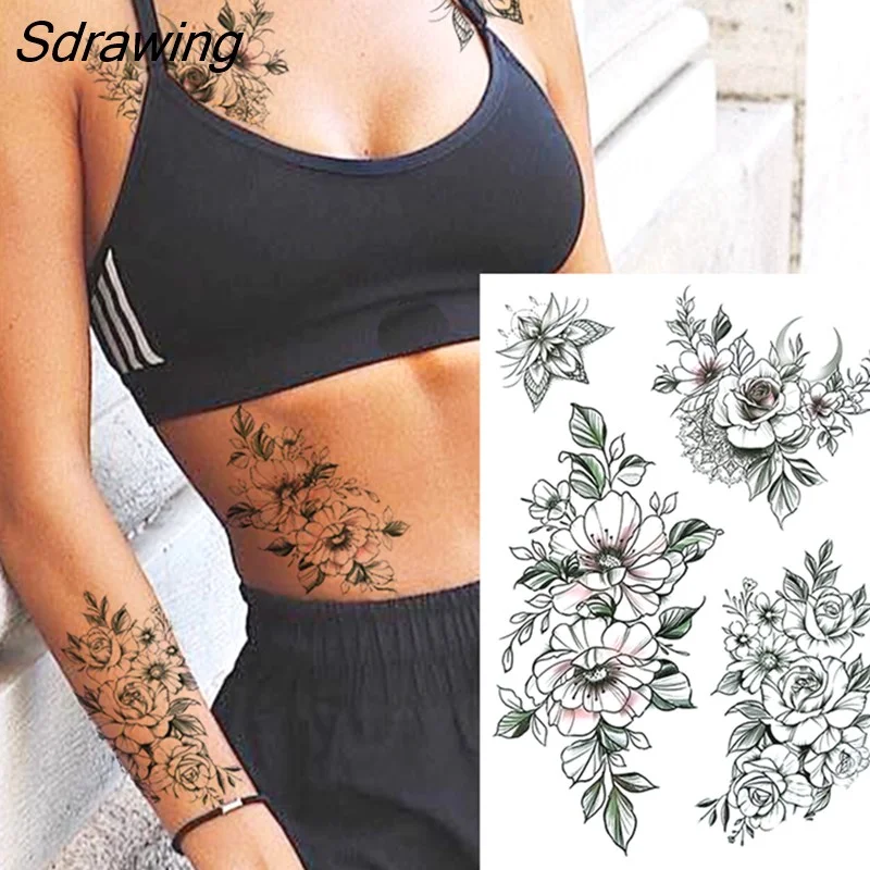 Sdrawing Lion Dahlia Temporary Tattoos For Women Adult Realistic Tiger Wolf Reindeer Snake Bird Fake Tattoo Sticker Washable Tatoos