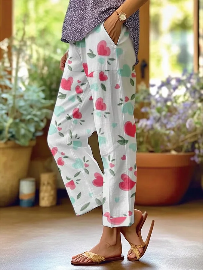 Women's Valentine's Day Design Floral Print Loose Pocket Patchwork Casual Pants