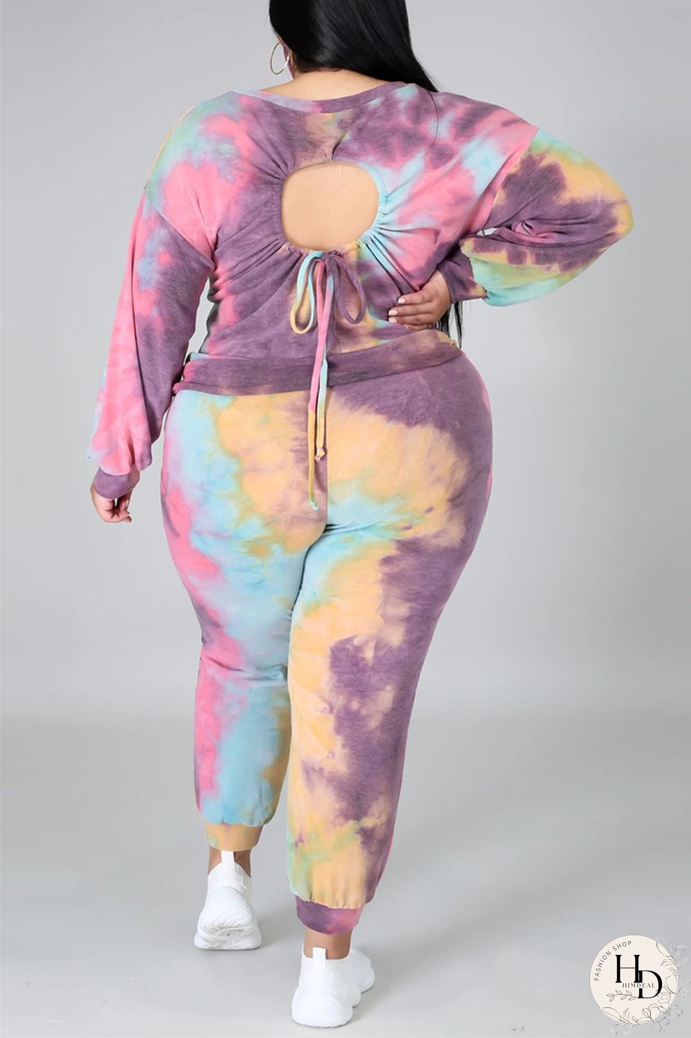 Dark Blue Fashion Casual Print Tie Dye Tie-dye Backless O Neck Plus Size Set