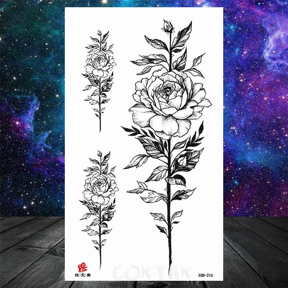 Lotus Flower Temporary Tattoo For Women Girls Snake Peony Lily Rose Chains Tattoos Sticker Black Blossom Fake Transferable Tatoo