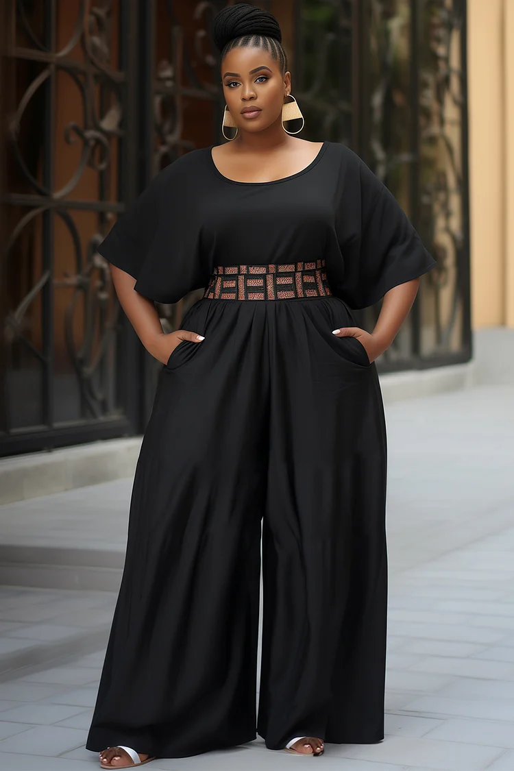 Xpluswear Design Plus Size Daily Black Casual Round Neck Short Sleeve Pocket Wide Leg Jumpsuits 2024 - Xpluswear