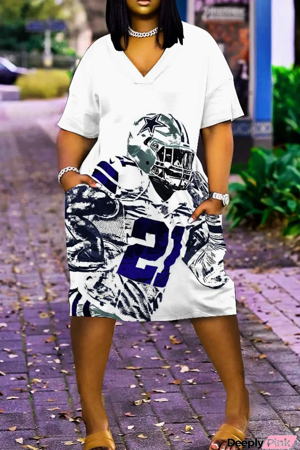 White Casual Print Patchwork V Neck Straight Dresses