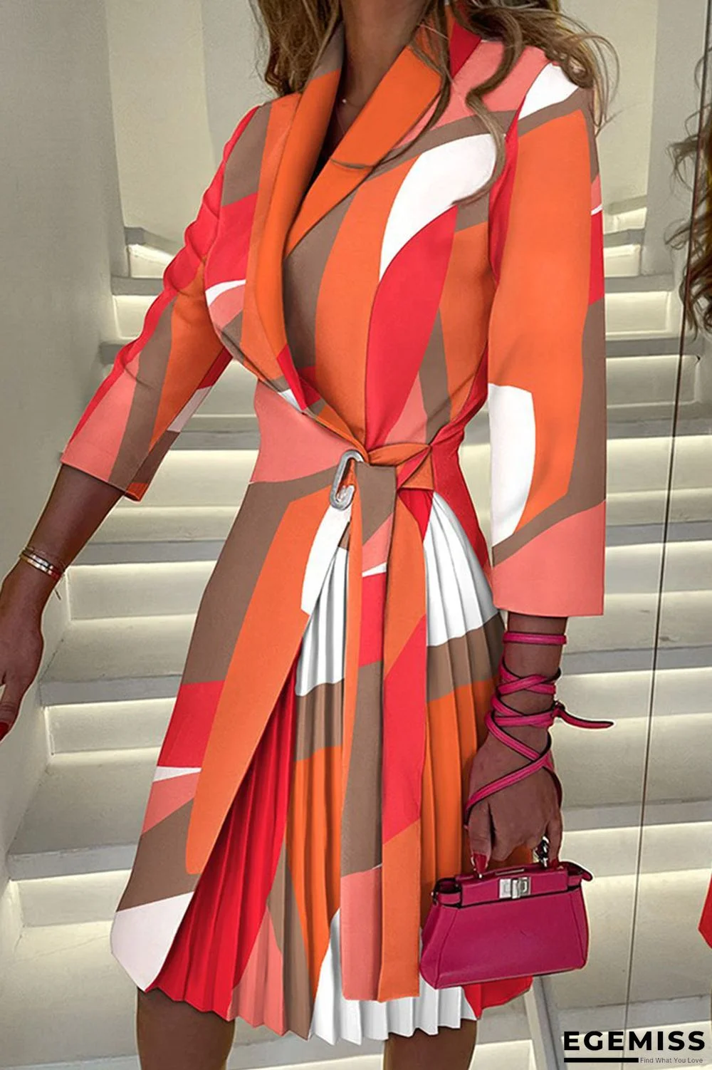 Tangerine Red Casual Print Bandage Patchwork Fold Turn-back Collar Dresses | EGEMISS