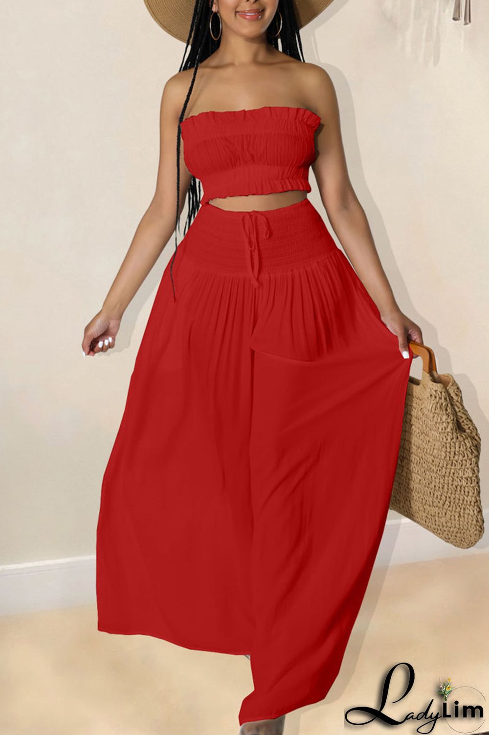 Red Sexy Solid Split Joint Stringy Selvedge Strapless Sleeveless Two Pieces