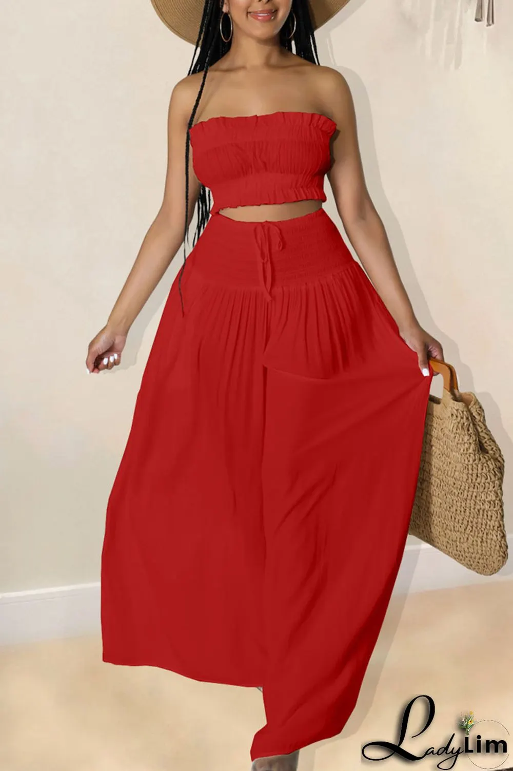 Red Sexy Solid Split Joint Stringy Selvedge Strapless Sleeveless Two Pieces