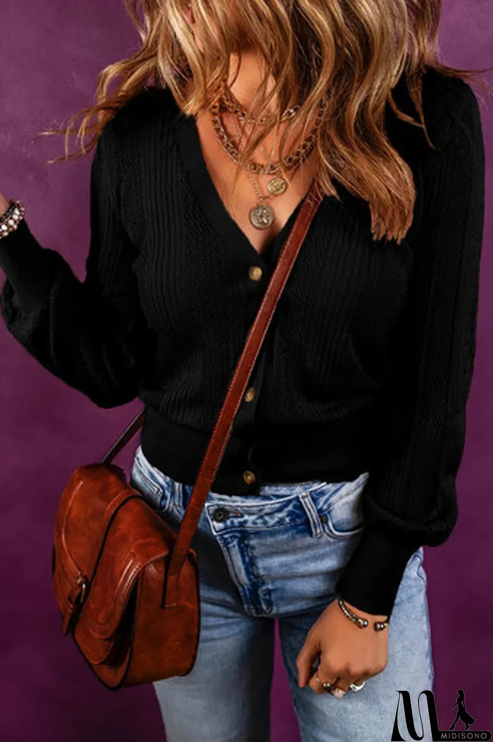 MidiSono - Black V Neck Buttoned Textured Sweater Cardigan