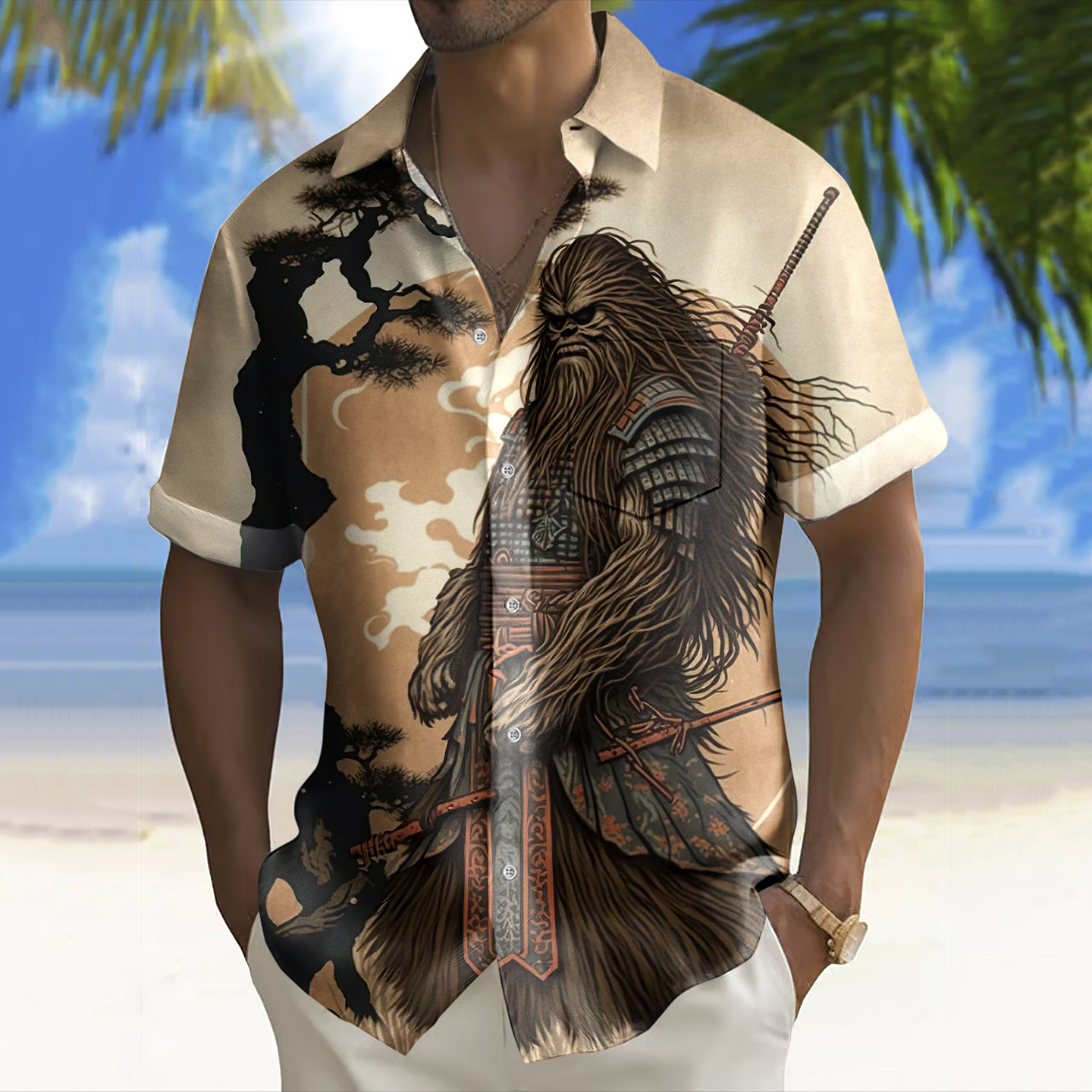 Men's  Holiday Vintage Ukiyo-e Robot Art Linen Blend Cozy Shirt