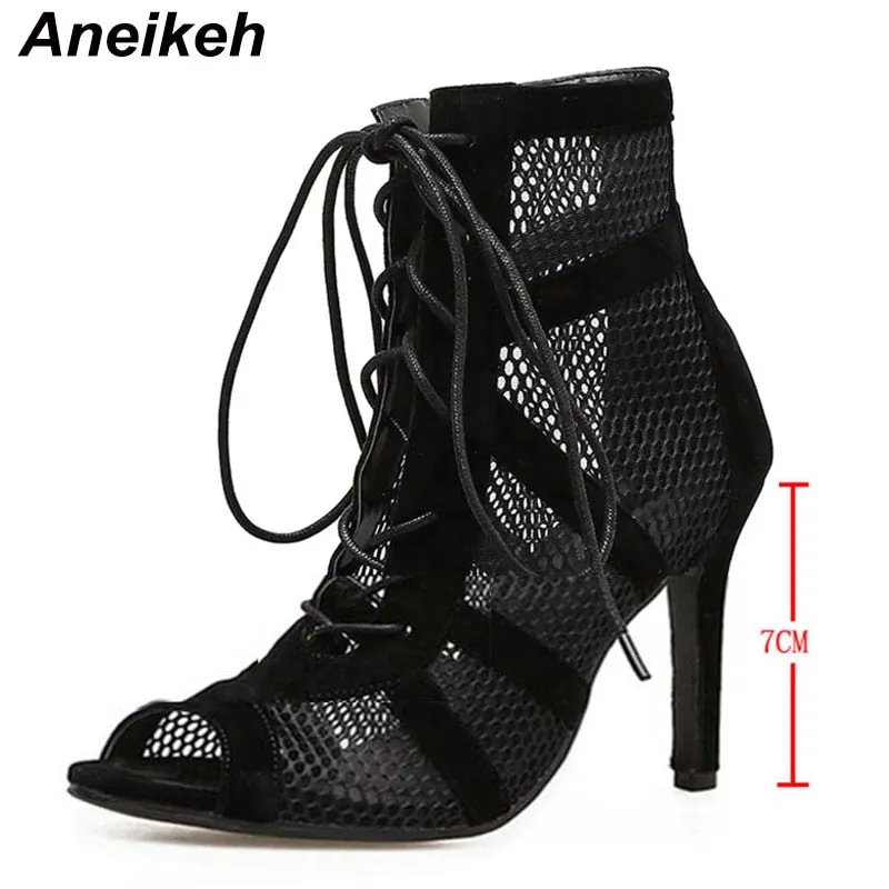 Aneikeh 2022 Fashion Basic Sandals Boots Women High Heels Pumps Sexy Hollow Out Mesh Lace-Up Cross-tied Boots Party Shoes Party