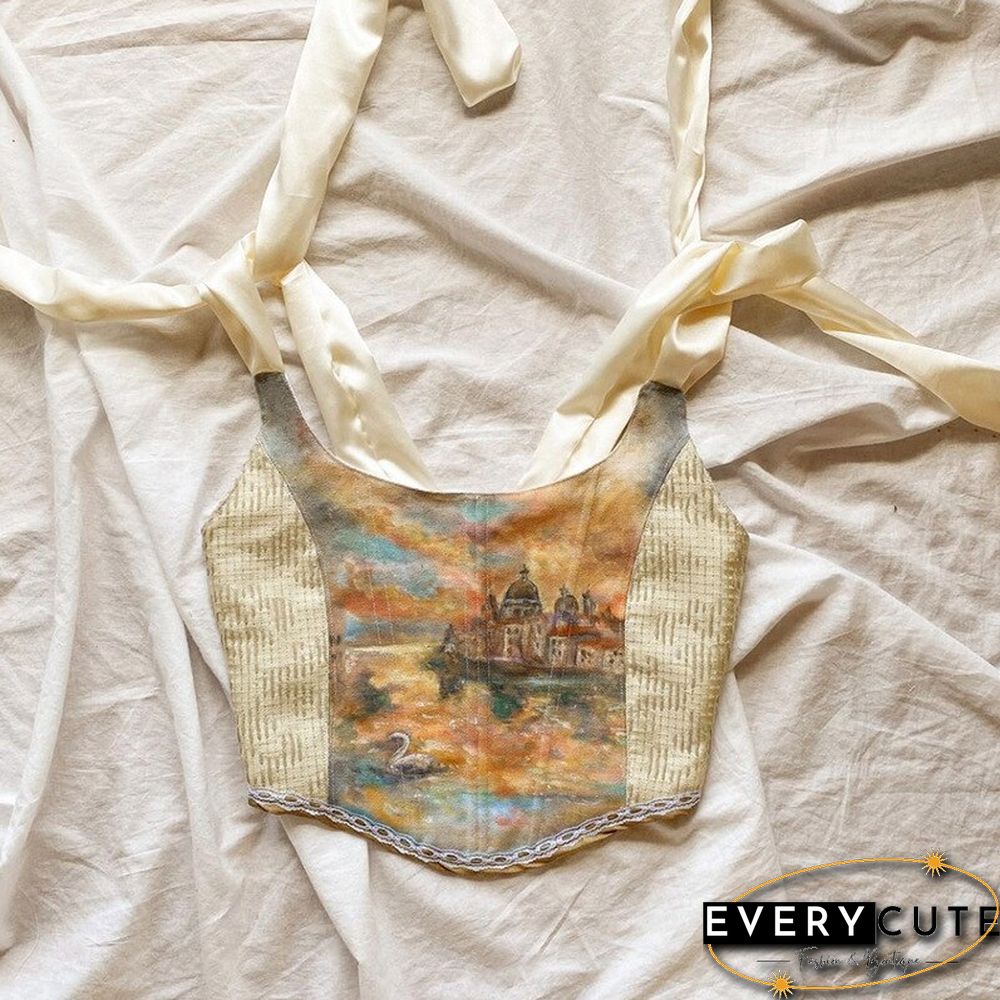 Y2K Vintage Aesthetic Printed Lace Up Camisole Women Bow Bandage Hollow Tank Top Skinny Party Streetwear Summer Trend