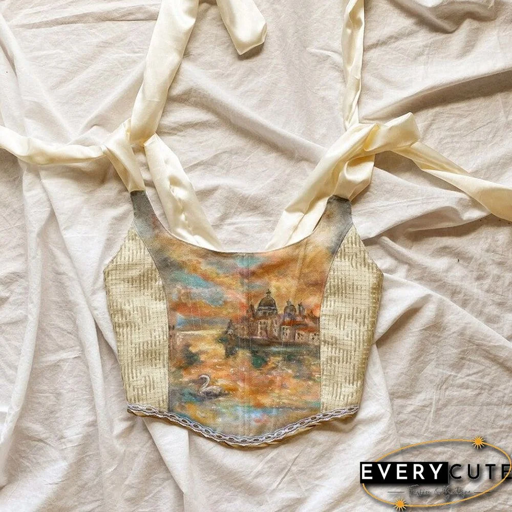 Y2K Vintage Aesthetic Printed Lace Up Camisole Women Bow Bandage Hollow Tank Top Skinny Party Streetwear Summer Trend