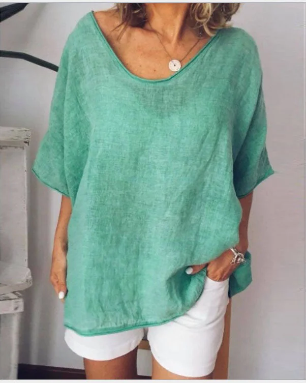 Plus Size Summer Women Linen Short Sleeve Loose Thin Blouse - S/5XL socialshop