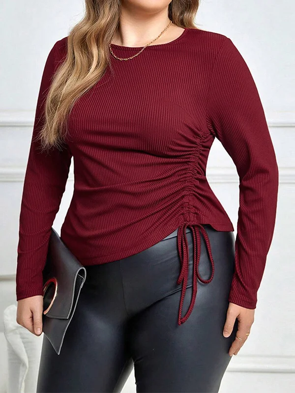 Drawstring Solid Color Long Sleeves Plus Size Round-Neck T-Shirts Tops