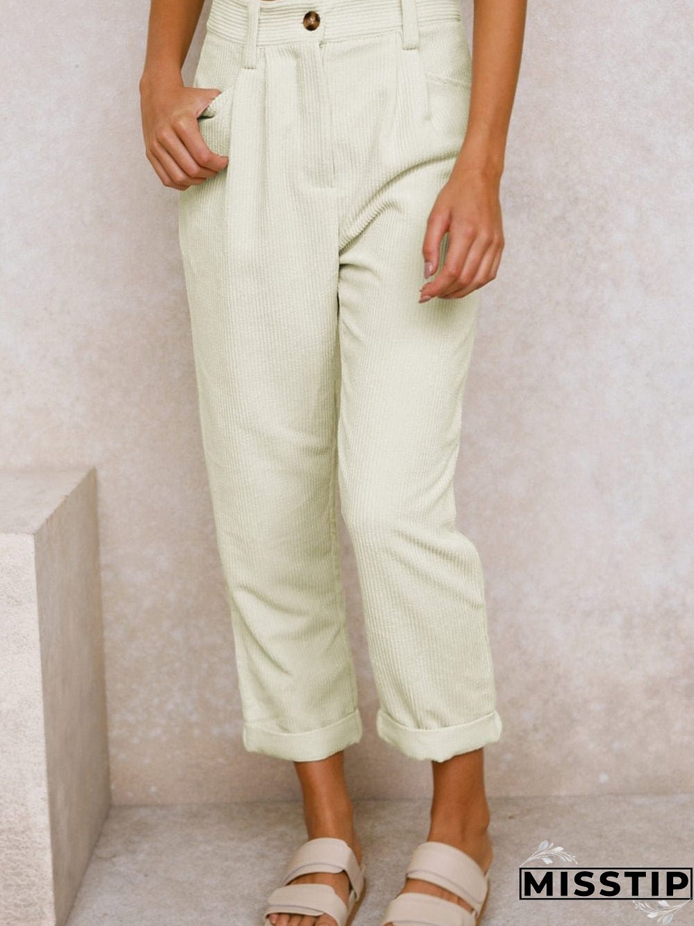 Beige Corduroy High Waist Trousers for Winter Casual Wear