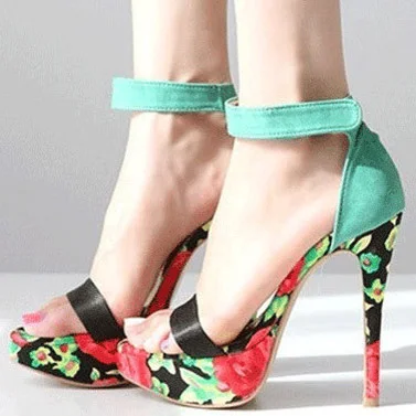 Turquoise Stiletto Heels Dress Shoes Floral Platform Ankle Strap Sandals Vdcoo
