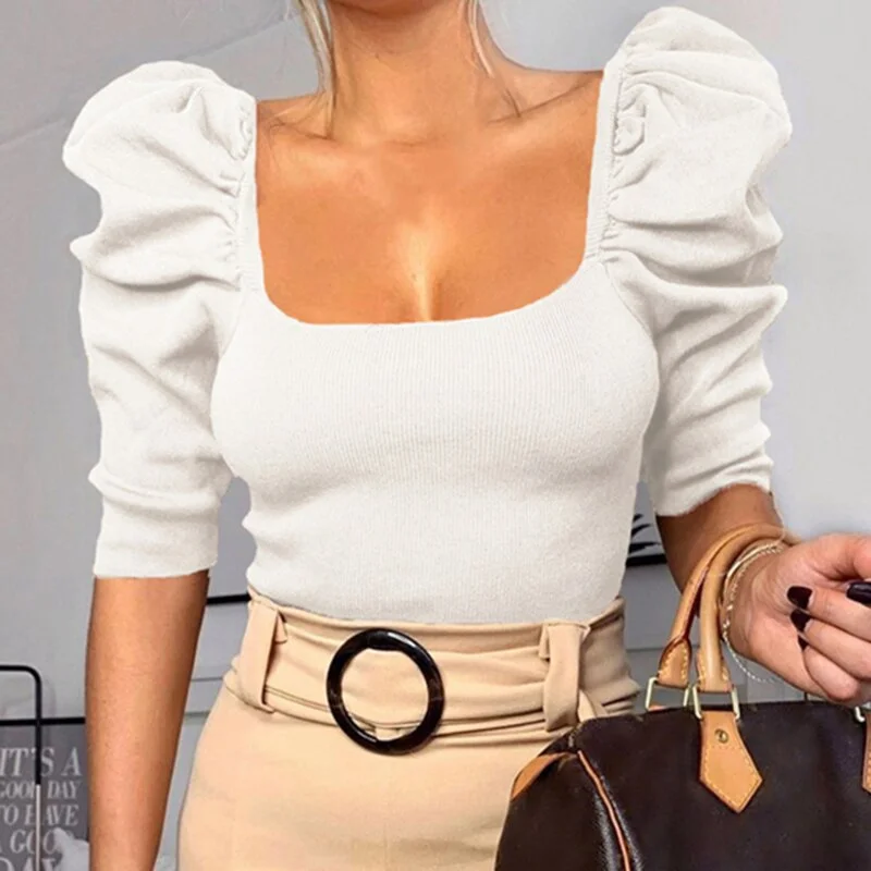 Vintage Puff Sleeve Women Blouse Square Neck Korean Style Tops Elegant Sexy White Black Slim Crop Blouse Women