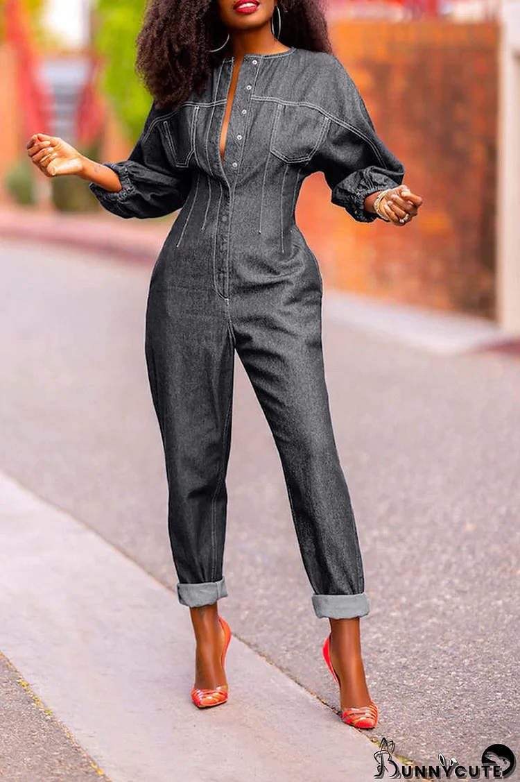 Women's Open Chest Loose Long Sleeve Denim Jumpsuit