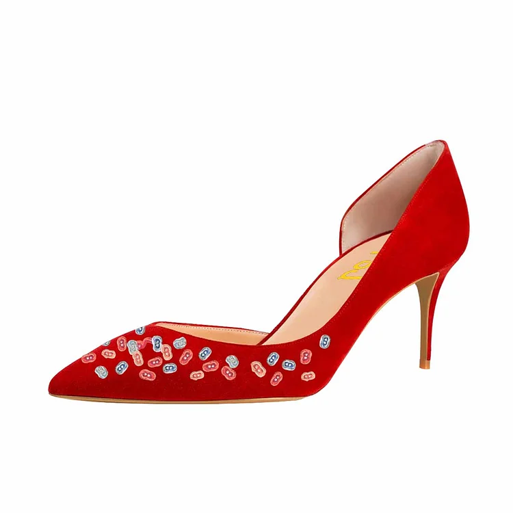 Women's Red Colorful 8 Print Pointy Toe Stiletto Heels Vegan Suede D'orsay Pumps |FSJ Shoes