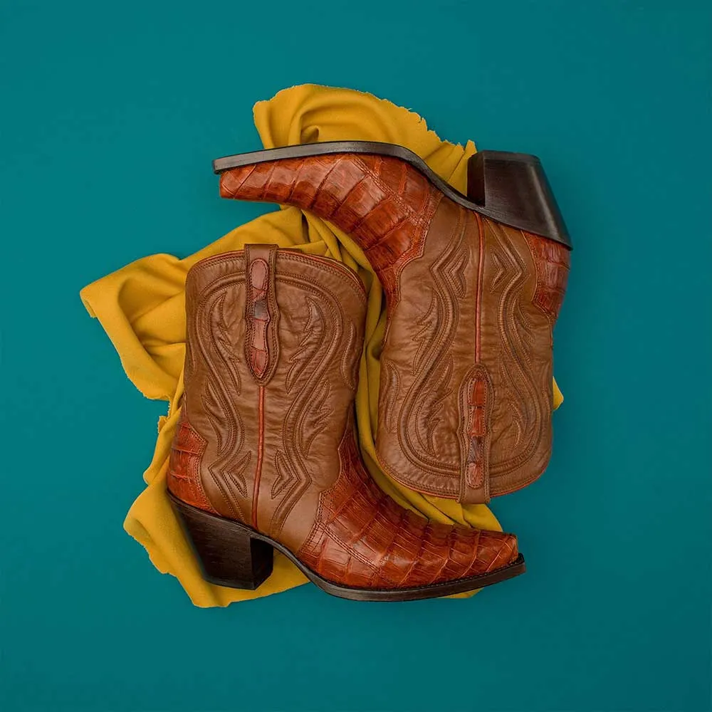 Tan Snip Toe Croc Embossed Women's Western Boots with Chunky Heel