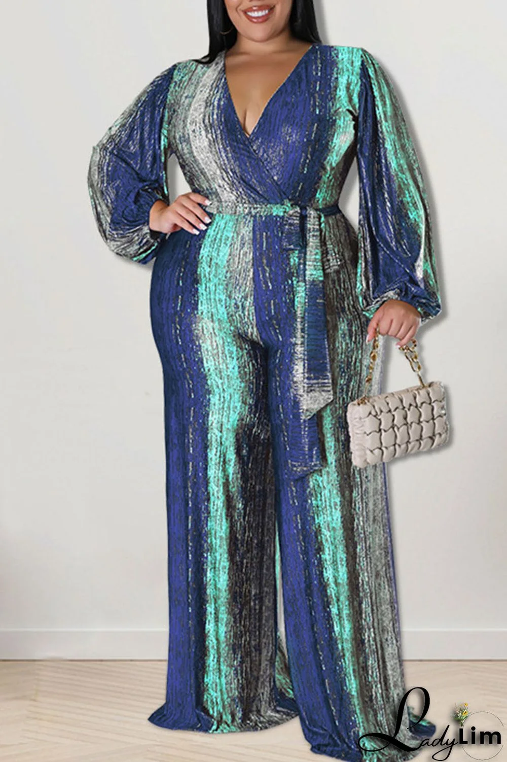 Deep Blue Casual Print Bandage Patchwork V Neck Plus Size Jumpsuits