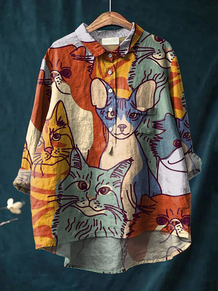 Women's Minimalist Colorful Kittens Print Casual Cotton And Linen Shirt