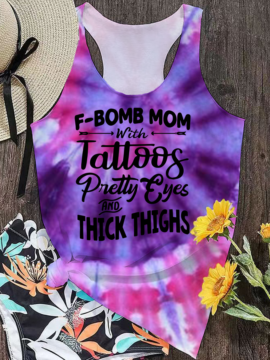 F-bomb Mom with Tattoos Purple Spial Rainbow Ombre Color Tank