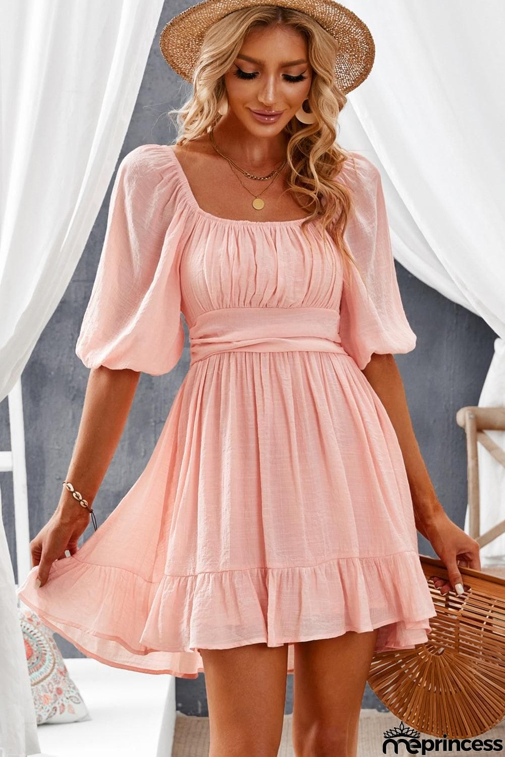 Tie-Back Ruffled Hem Square Neck Mini Dress
