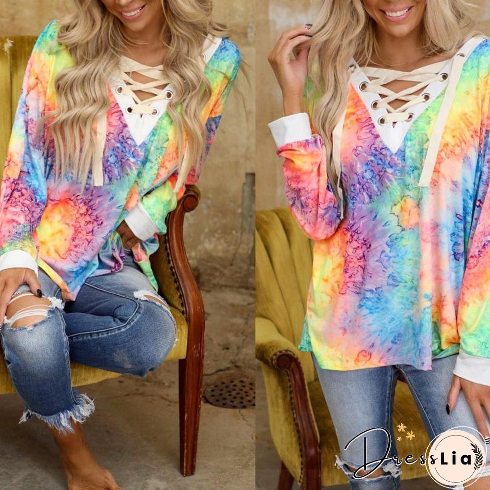 Lace-Up Leisure Color Pattern Top