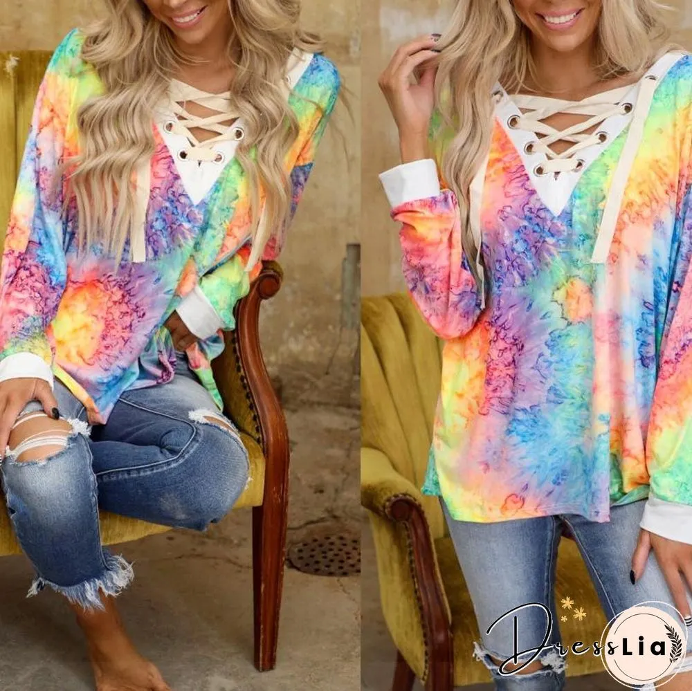 Lace-Up Leisure Color Pattern Top