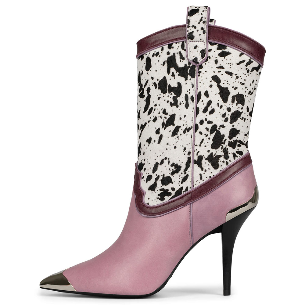 Pink Pointed Toe Cow Print Stiletto Mid-Calf Western Boots for Women