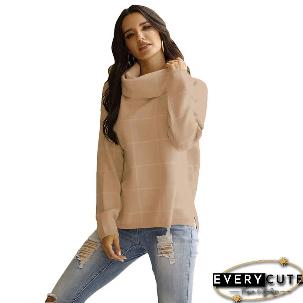 Khaki Plaid Print Turndown Collar Pullover