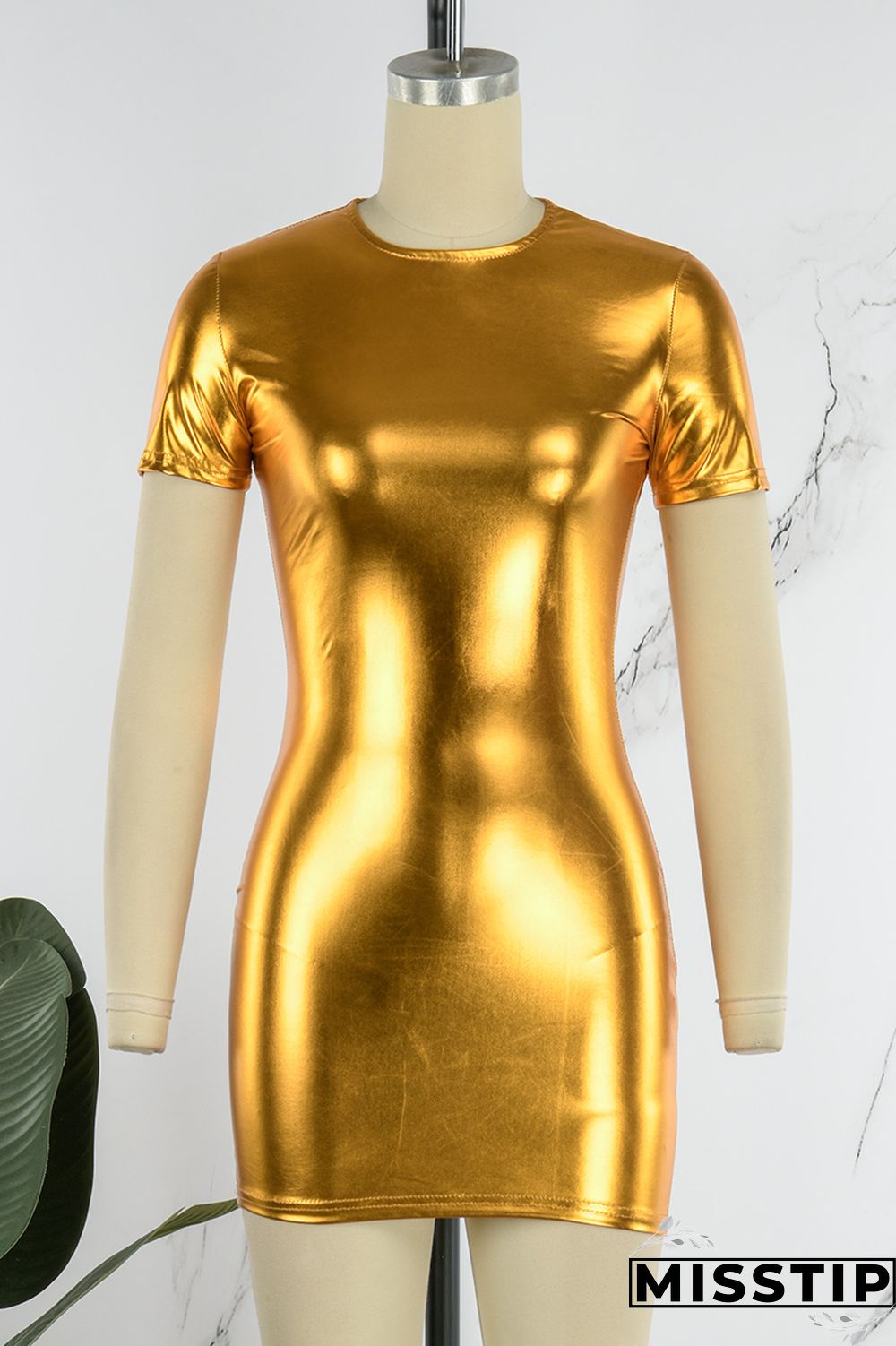 Gold Casual Solid Basic O Neck Short Sleeve Dress