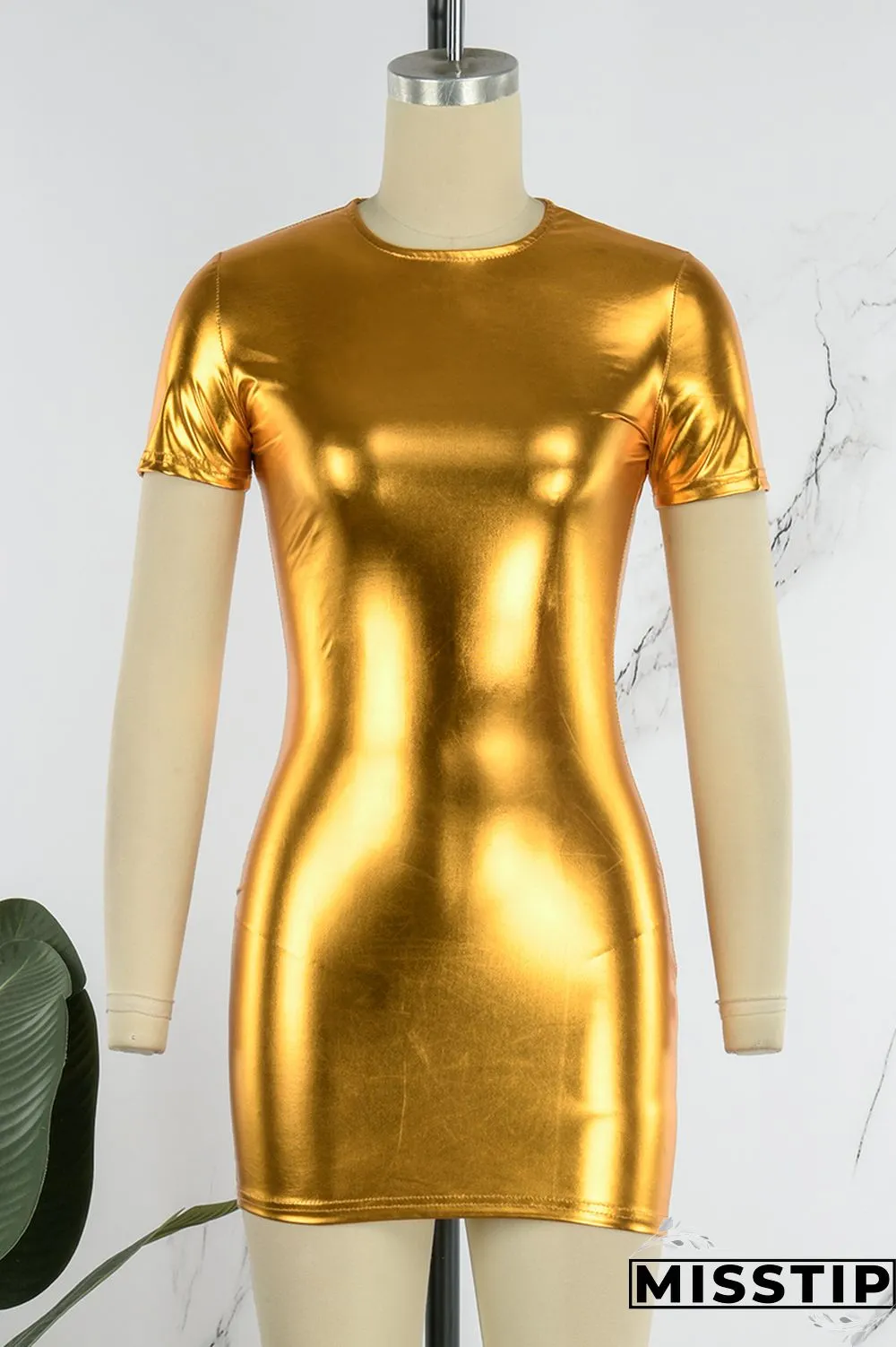 Gold Casual Solid Basic O Neck Short Sleeve Dress
