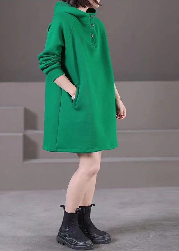 Brief Green Patchwork Button Hooded Mid Dresses Fall