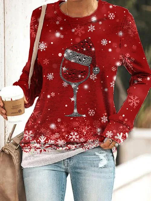 Women's Christmas Red Wine Glass Printed Sweatshirt