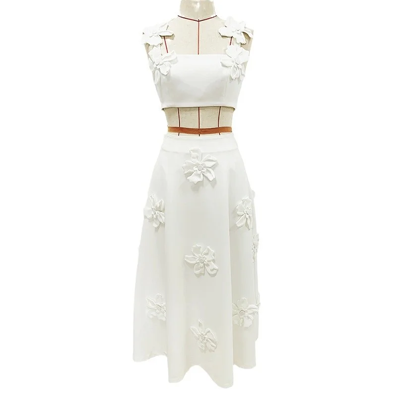 Nigikala Nigikala New Star Fashion Sling Vest Blouse Three-Dimensional Floral Half-Skirt Set Two-Piece Set