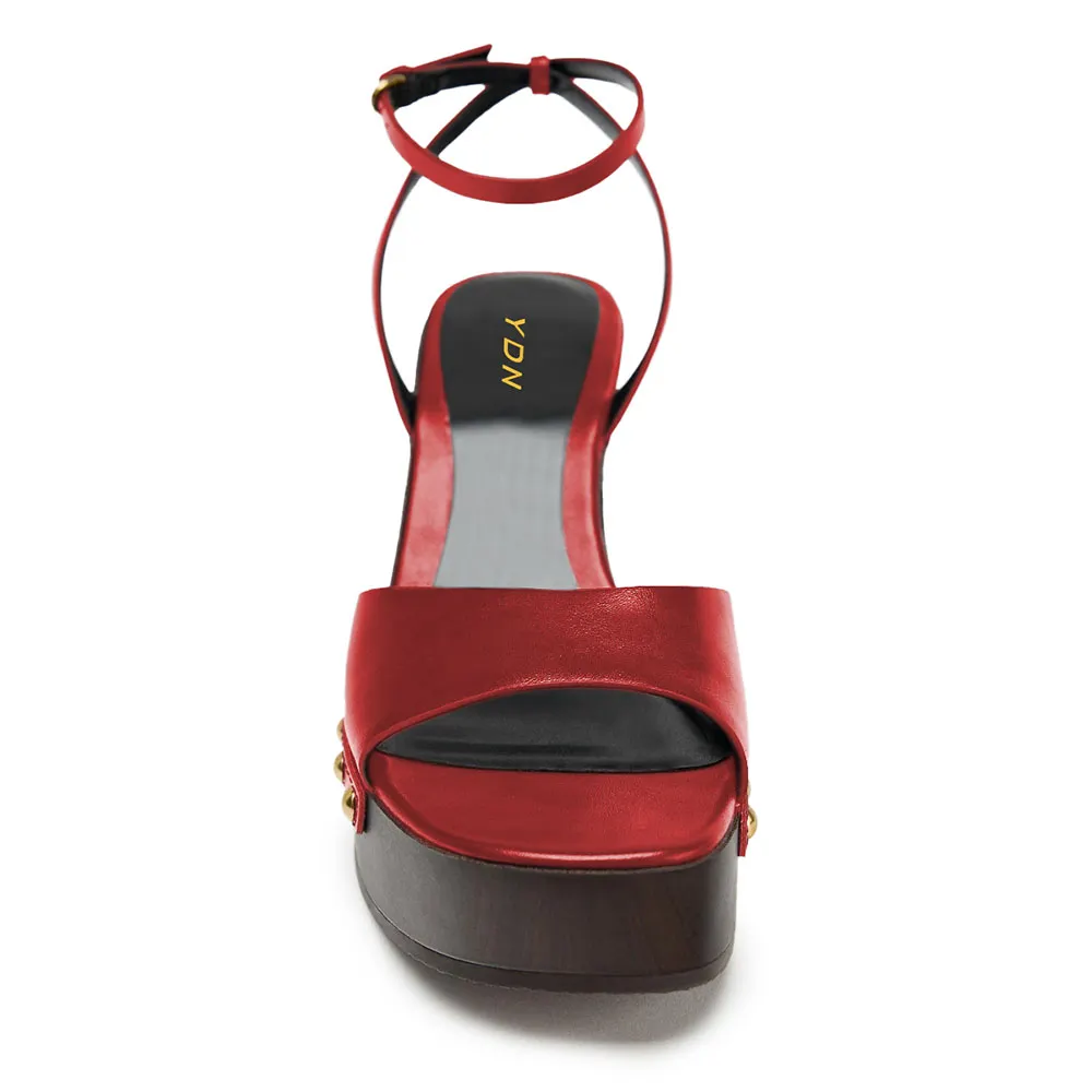 Open Square Toe Ankle Strap Studded Platform Heel Sandals in Red