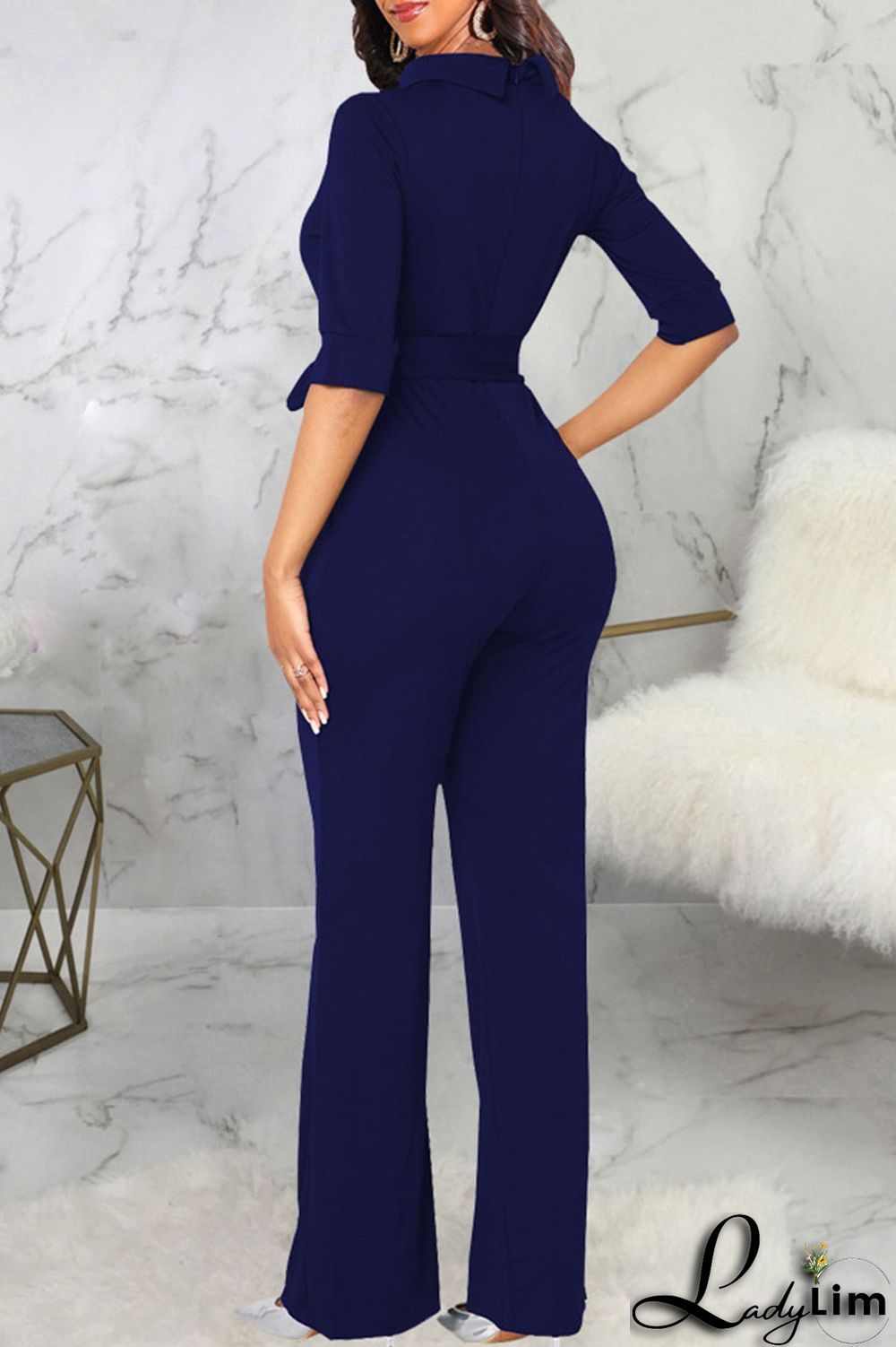 Brown Casual Solid Split Joint With Belt Half A Turtleneck Straight Jumpsuits