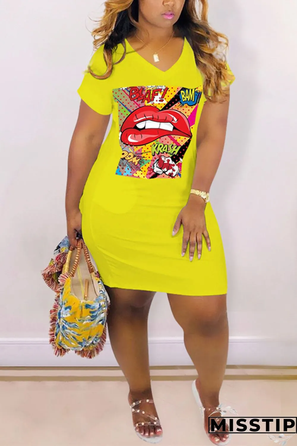 Orange Fashion Casual Printed V-neck Loose Dress