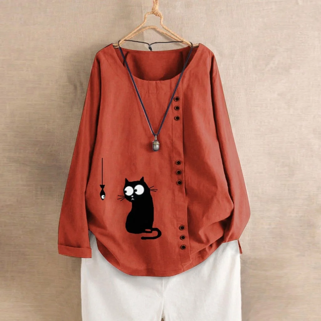 Plus Size Autumn Fashion Linen Cat Print Blouse Casual Button Loose Basic Tops Female Women Long Sleeve Tee Shirt Blusa Pullover