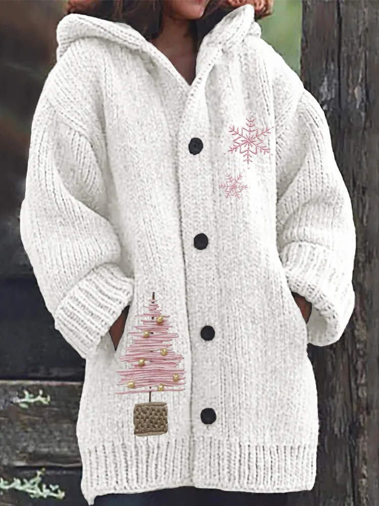Pink Christmas Tree & Snowflakes Embroidered Cozy Knit Hooded Cardigan