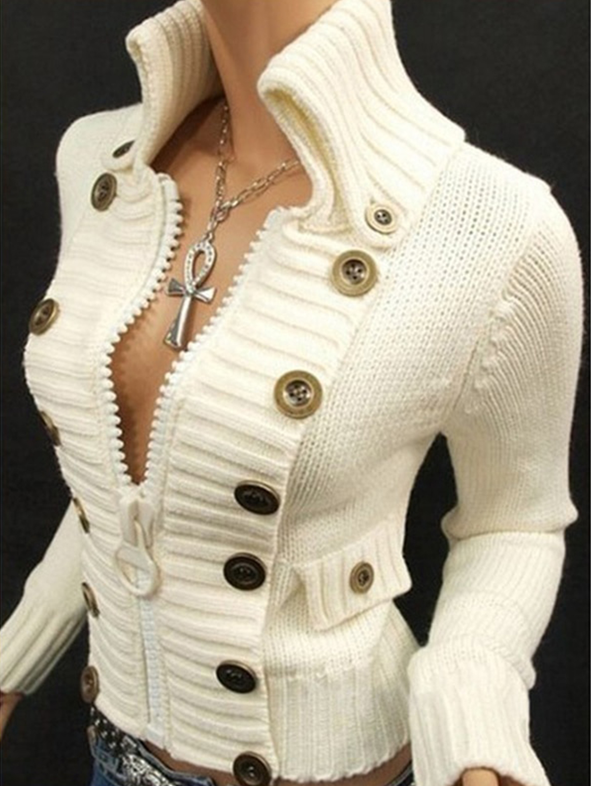 Vintage Stand Collar Button Decor Zipper Knit Sweater