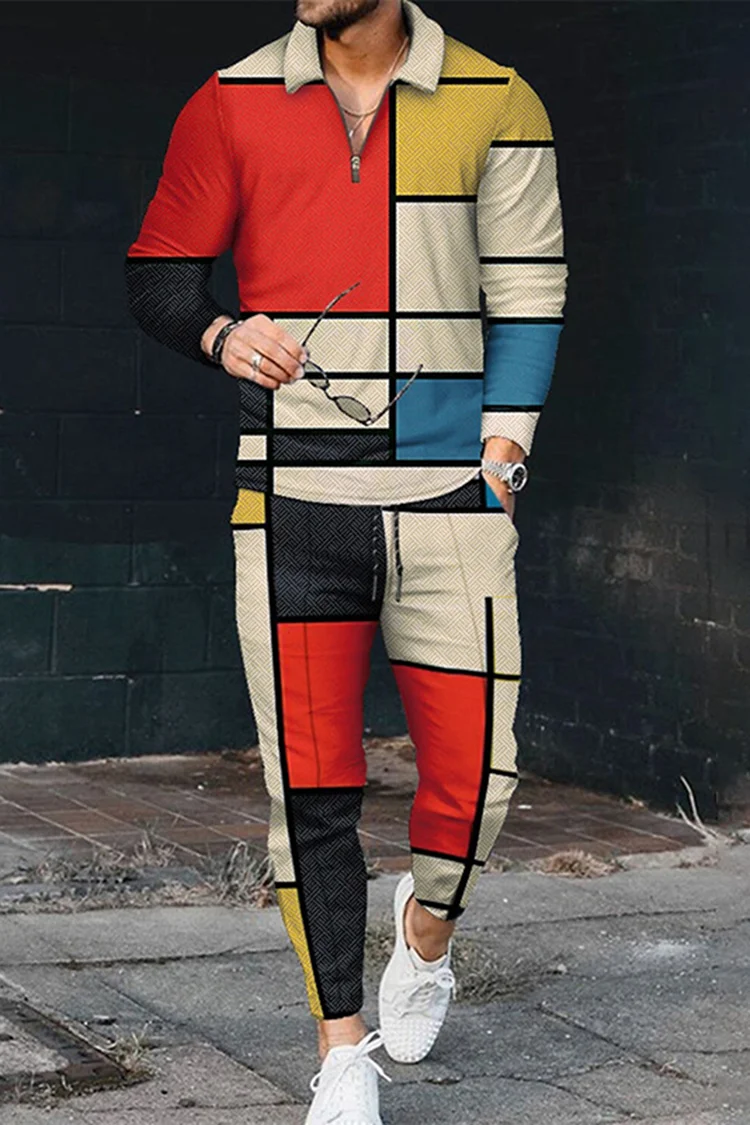 Men's Color Block Polo Shirt and pants Two Piece Set