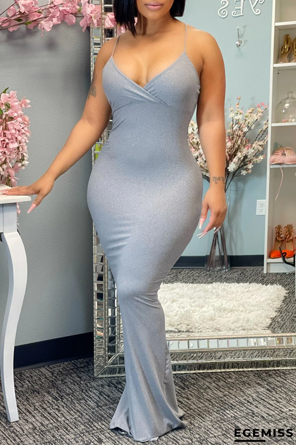 Grey Fashion Sexy Solid Backless V Neck Sling Dress | EGEMISS