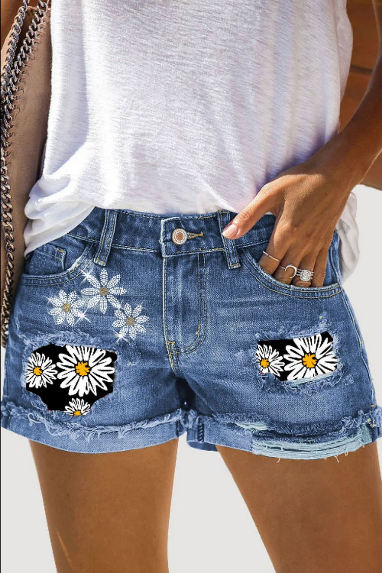 Floral Printed Cuffed Ripped Denim Shorts