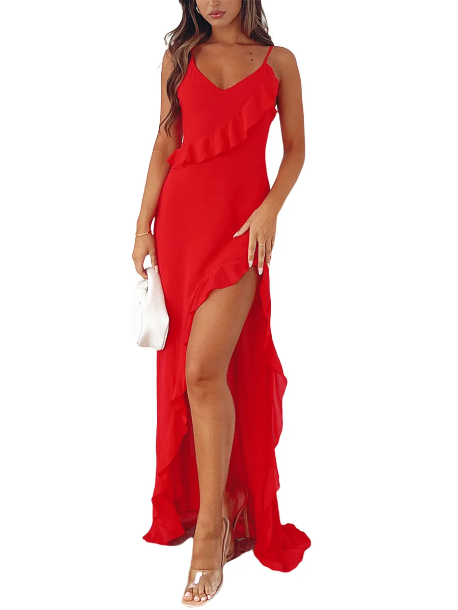 Women Ruffle High Split Midi Dress Y2K Sleeveless Backless Elegant Long Dress Off Shoulder Party Club Streetwear