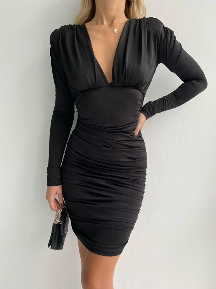 WannaThis Shrug Mini Dress Women V Neck Ruched Casual Sexy Long Sleeve Clubwear Bodycon Office Ladies Elegant Chic Dresses 2021